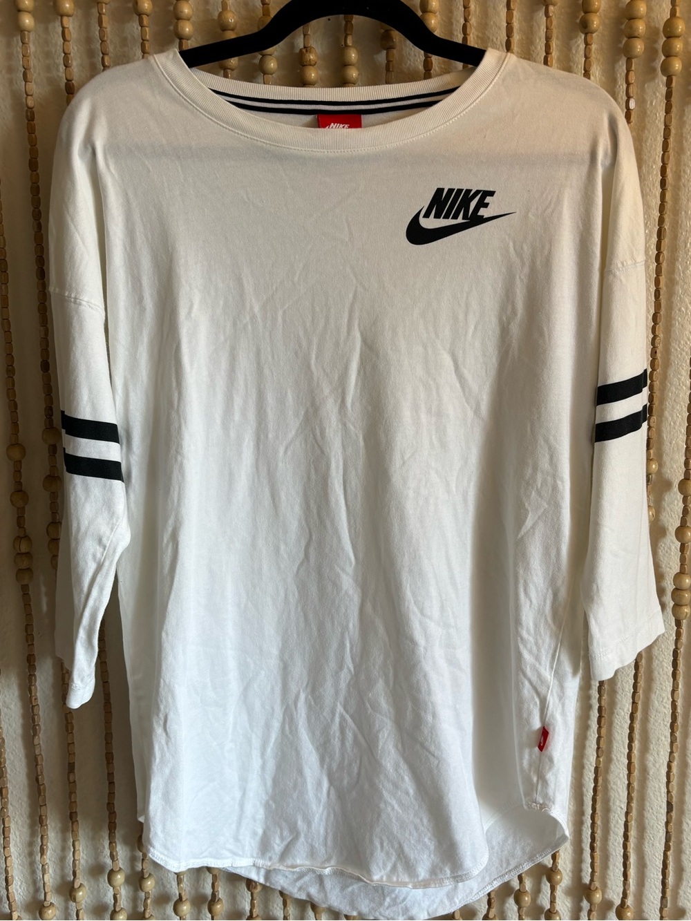 Nike 3/4 Sleeve White With Black Just Do It Spell out Striped Sleeve Henley Top